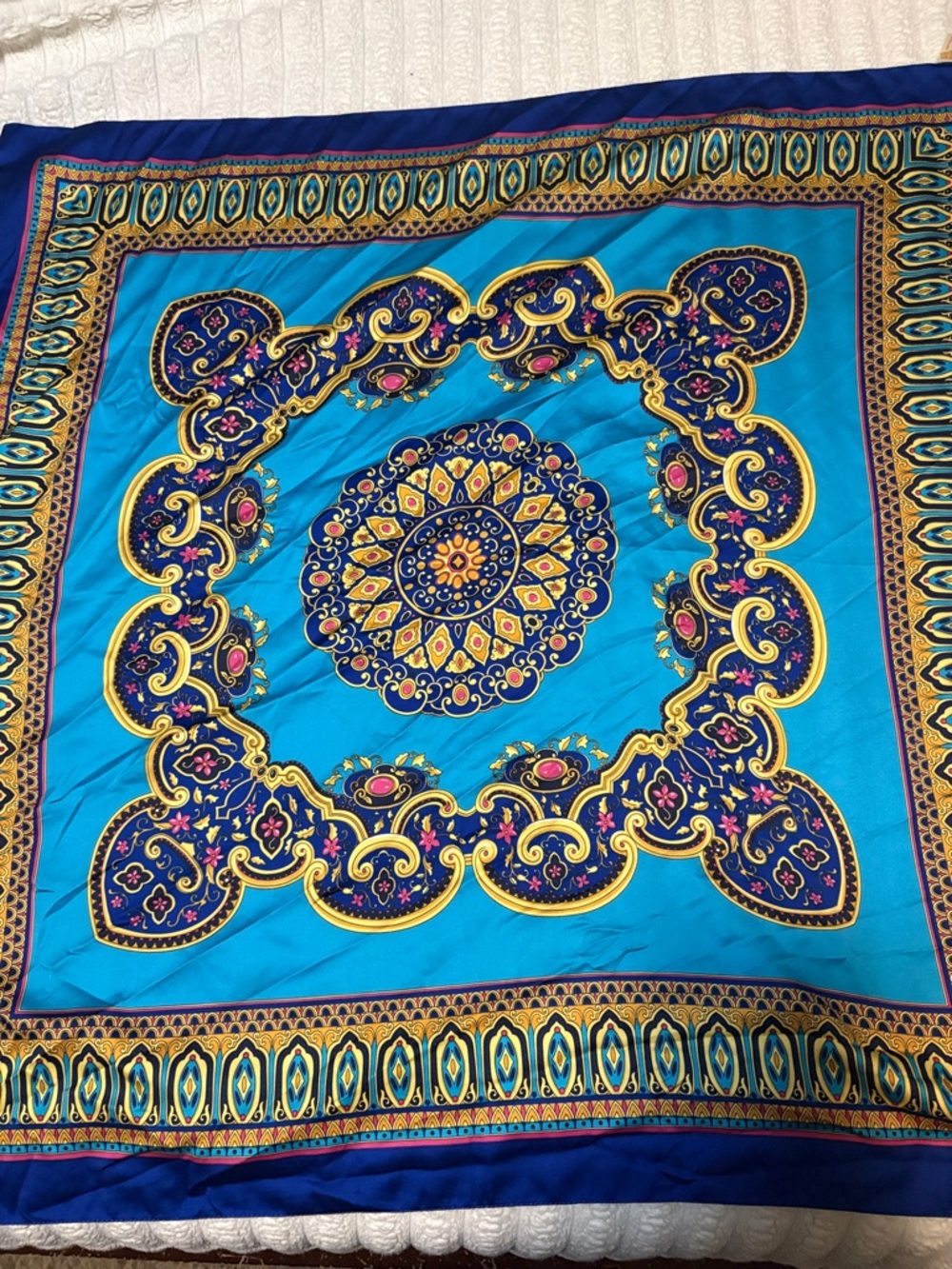 Vibrant Turquoise and Navy Medallion Scarf made in Italy
